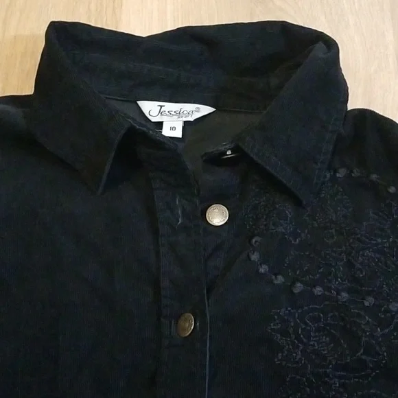 Jessica long sleeve black embroidered corduroy button down shirt size 10 EUC - Picture 9 of 12